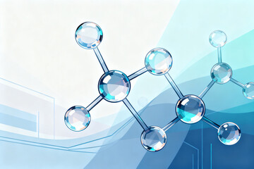 Illustration of a molecular structure with interconnected transparent spheres on a blue gradient background