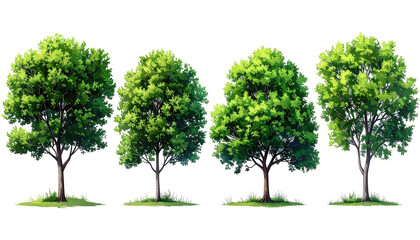 Four stylized trees in a row, lush green foliage