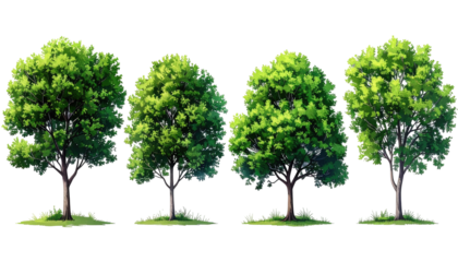 Four stylized trees in a row, lush green foliage