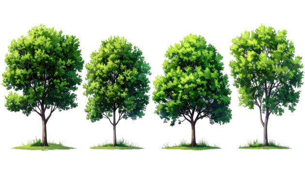 Four stylized trees in a row, lush green foliage
