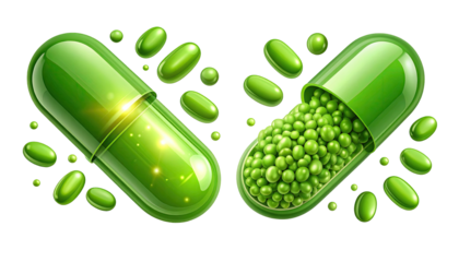 Two vibrant green capsules, one whole and one open, showcasing a granular interior.  Glowing particles surround and emanate from the capsule