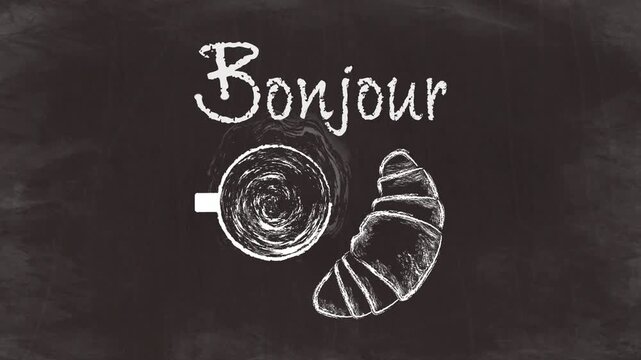 Chalk Style Coffee Cup and Croissant Animation with "Bonjour" Text on Black Chalkboard Background