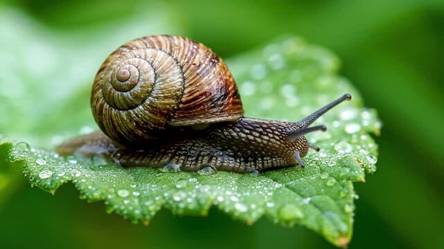 Abstract perspective of a snail's slime trail, transforming into an artistic, glistening pattern on a natural surface after rainfall. no data