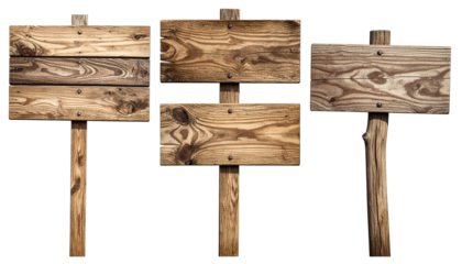 A versatile collection of four blank, rustic wooden signs with natural grain, perfect for adding custom text for directions or information in an outdoor setting.