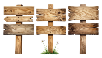 A versatile collection of three rustic signs on weathered posts, each with unique blank planks, providing a charming, artistic base for custom messages...