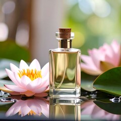 Perfume bottle sits on dark surface, reflected, with pink water lilies