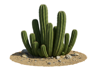 Tall green cactus plant with sandy soil and rocks isolated on transparent background