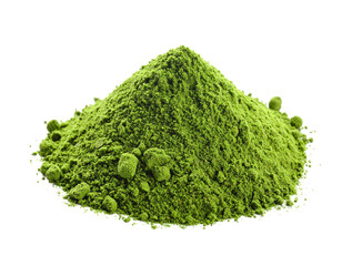 Moringa powder isolated on white, presented as a vibrant green heap.