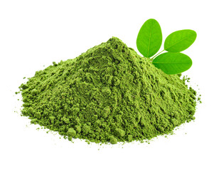 Moringa leaf powder superfood isolated on a white background.