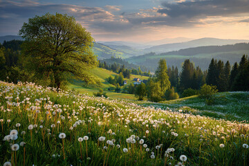 Obraz premium Beautiful meadow with dandelions under a sunny sky