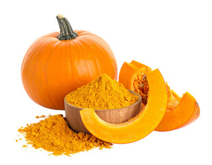 Orange pumpkin powder isolated on white background next to a small pumpkin.
