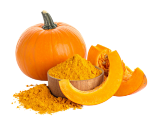 Orange pumpkin powder isolated on white background next to a small pumpkin.
