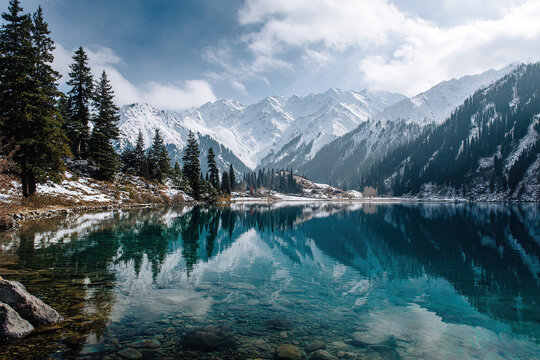 Picturesque mountain lake with clear blue water and snow-capped peaks in the background