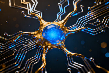 Neuron-like structure with glowing blue core integrated into circuit board design