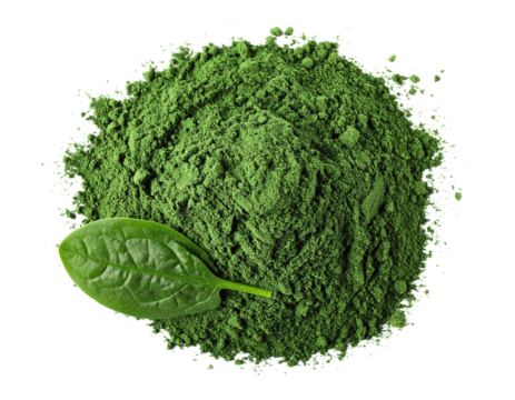 Spinach powder isolated on white, presented as a fine green heap.
