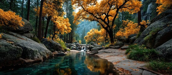 Scenic autumn forest landscape with tranquil river, colorful golden trees, and mossy rocks