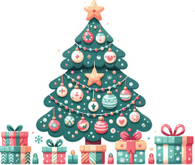 Festive illustration of a decorated Christmas tree adorned with ornaments and surrounded by wrapped presents.