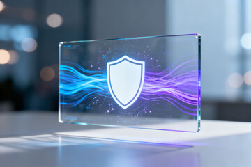 Transparent display with glowing shield symbol and dynamic light waves, representing digital security and protection.