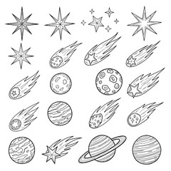 Extensive Collection of Hand-Drawn Space Elements: Stars, Planets, Moons, and Shooting Stars