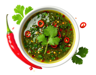A vibrant green sauce in a white bowl, garnished with cilantro and chili peppers