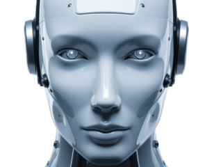 A  view of a futuristic android head reveals a smooth, metallic surface in cool, bluish tones, accentuated by bright, glowing eyes, suggesting an advanced technological being against a stark, black...