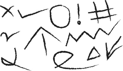 Black hand drawn chalk symbols and shapes on white background drawing