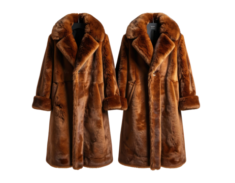 Two identical, long, brown, faux-fur coats