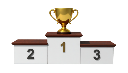 Gold trophy atop a three-tiered podium with numbered rankings