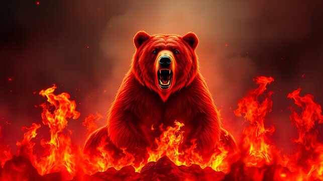 red bear surrounded by fire, representing the intense pressure of a bearish market