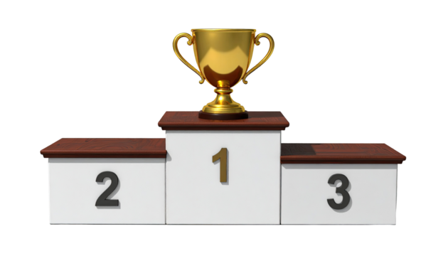 Gold trophy atop a three-tiered podium with numbered rankings