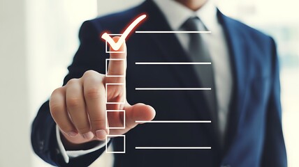 Businessman checking off a box on a todo list with a red check mark