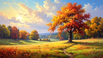 Fototapeta premium Autumnal landscape with a lone tree