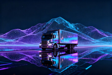 Digital rendering of a futuristic truck on a reflective surface with abstract wave patterns in neon colors
