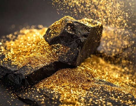Precious Gold Dust Scattered Around a Dark, Textured Rock, Evoking Luxury and Natural Wealth