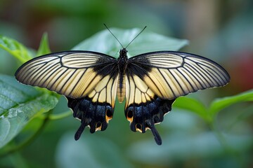 A large butterfly displays symmetrical wings with intricate patterns of black yellow and dark blue set against a blurred green foliage background