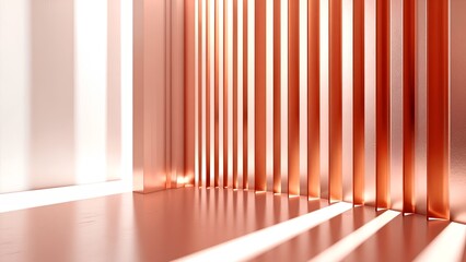 Obraz premium A modern interior featuring sleek, rose-gold vertical panels with soft lighting, creating a minimalist and stylish atmosphere.