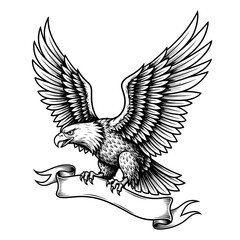 Obraz premium Majestic Bald Eagle with Spread Wings Holding Blank Banner Vector Hand Drawn Sketch Illustration