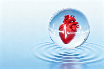 A red human heart enclosed in a transparent sphere with an electrocardiogram line, floating on water with ripples against a light blue background.
