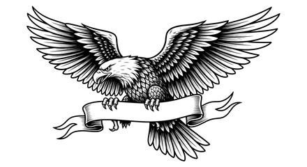 Obraz premium Majestic Bald Eagle with Spread Wings Holding Blank Banner Vector Hand Drawn Sketch Illustration
