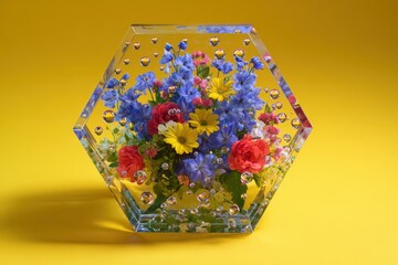 A vibrant bouquet of colorful flowers, displayed within a hexagonal, clear acrylic vase, filled with water and air bubbles.