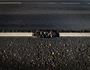 Road Surface Damage Close-Up Asphalt Texture with a Section Showing Deterioration and Repair
