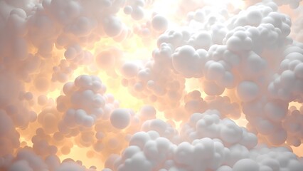 A soft, ethereal scene of white clouds illuminated by warm light, creating a dreamy and serene atmosphere.