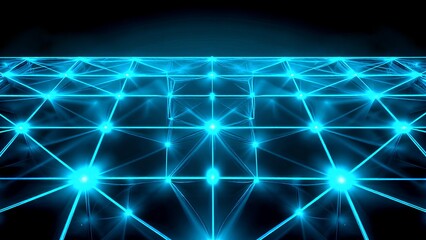 A futuristic digital landscape with glowing blue lines and points, resembling a network or grid design against a dark backdrop.