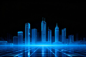 Neon blue holographic cityscape with futuristic skyscrapers and grid floor against a dark background