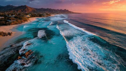 Aerial View of a Tropical Coastline with Turquoise Ocean Waves and Mountain Resorts at Sunrise