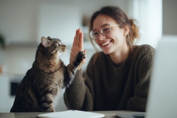 A joyful woman and her tabby cat share a high five in a bright, modern setting, symbolizing friendship, connection, and the simple pleasures of everyday life