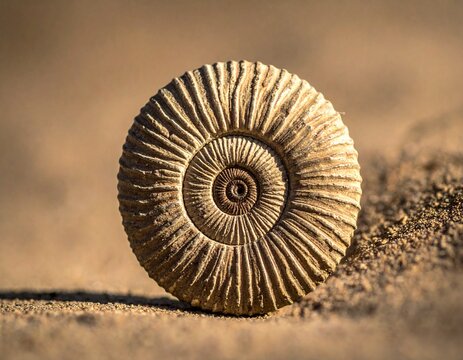 Ancient fossilized ammonite shell discovered on sandy ground, a remnant of prehistoric marine life