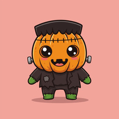 Cute pumpkin-headed character with stitched top and bolts, dressed in tattered black outfit with green gloves and boots, standing on a pink background.