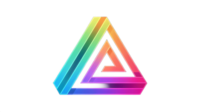 A colorful layered triangle design with vibrant gradient against a black background in a modern style