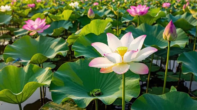 Dynamic shot capturing the subtle swaying of lotus stems and leaves in a gentle breeze, creating a rhythmic and calming visual texture across the water. no data